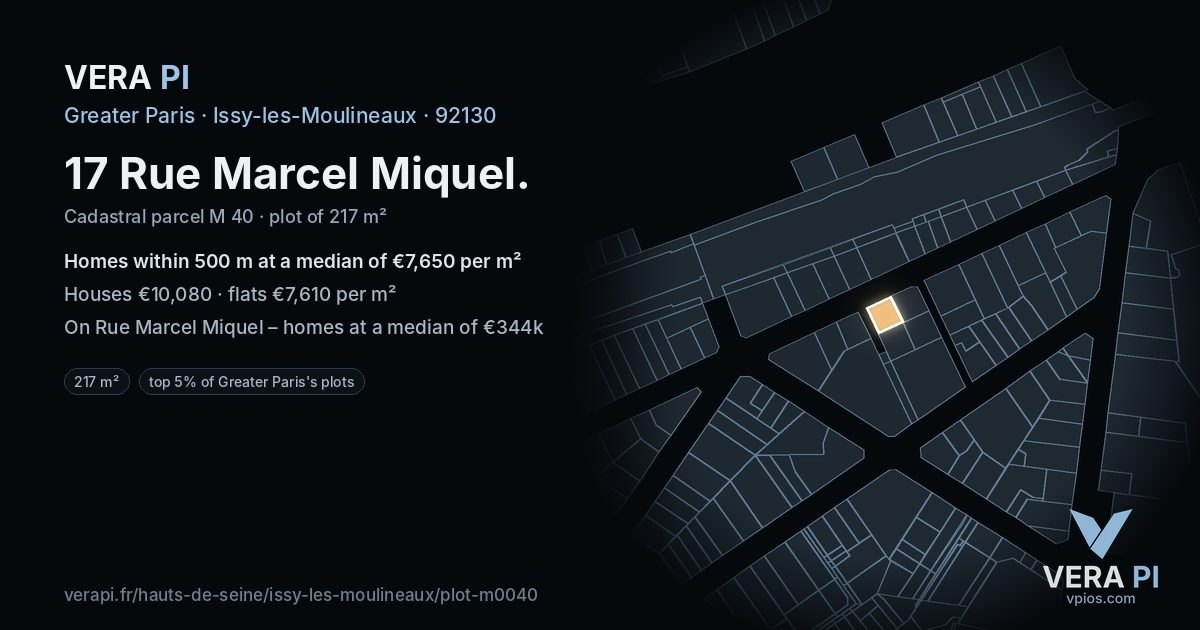 17 Rue Marcel Miquel, Issy-les-Moulineaux at night – the plot lit, the parcels around coloured by the prices near them