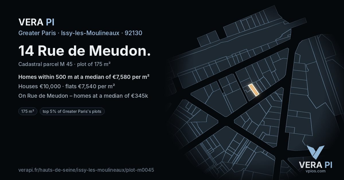14 Rue de Meudon, Issy-les-Moulineaux at night – the plot lit, the parcels around coloured by the prices near them