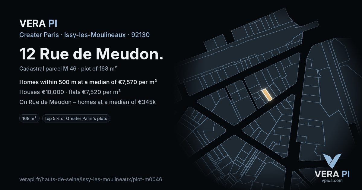 12 Rue de Meudon, Issy-les-Moulineaux at night – the plot lit, the parcels around coloured by the prices near them