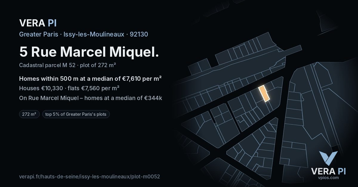 5 Rue Marcel Miquel, Issy-les-Moulineaux at night – the plot lit, the parcels around coloured by the prices near them