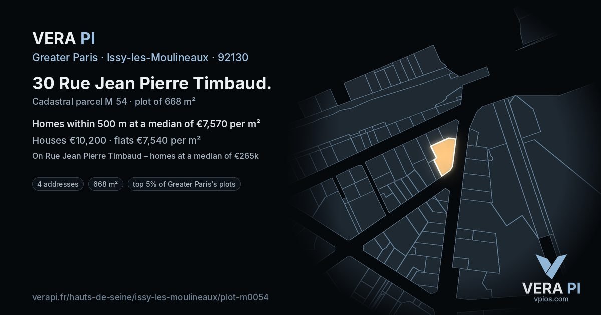 30 Rue Jean Pierre Timbaud, Issy-les-Moulineaux at night – the plot lit, the parcels around coloured by the prices near them