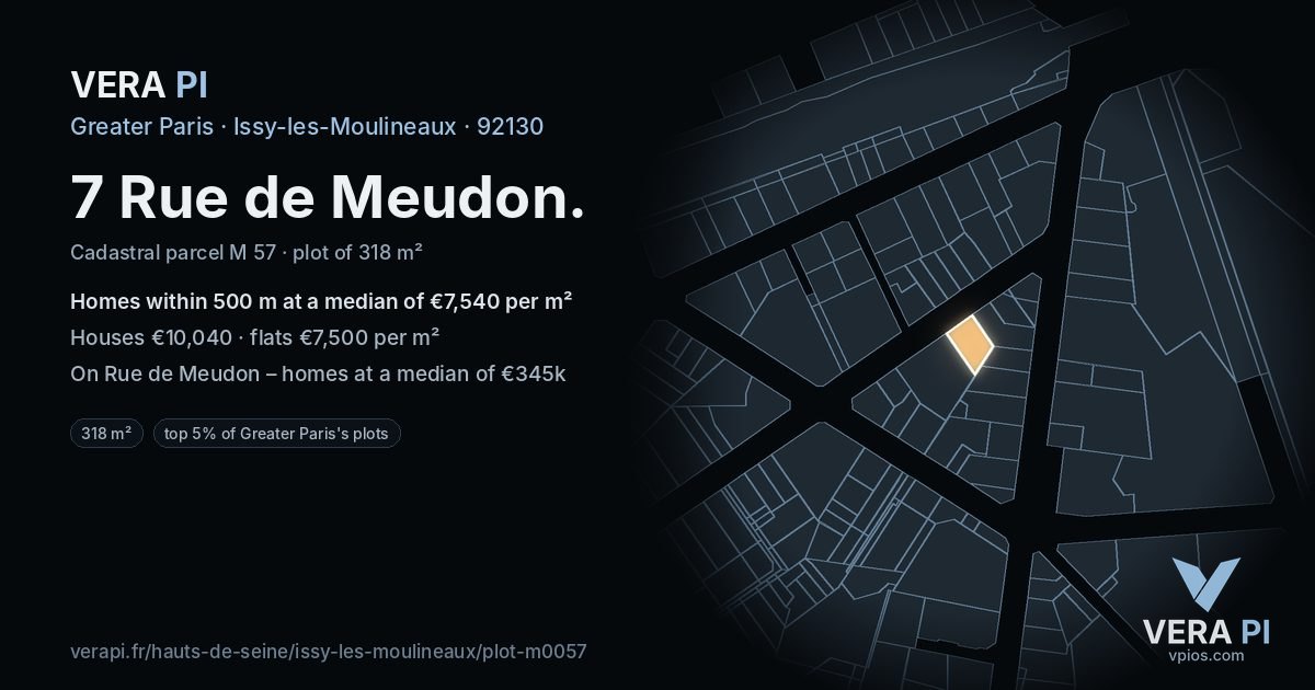 7 Rue de Meudon, Issy-les-Moulineaux at night – the plot lit, the parcels around coloured by the prices near them