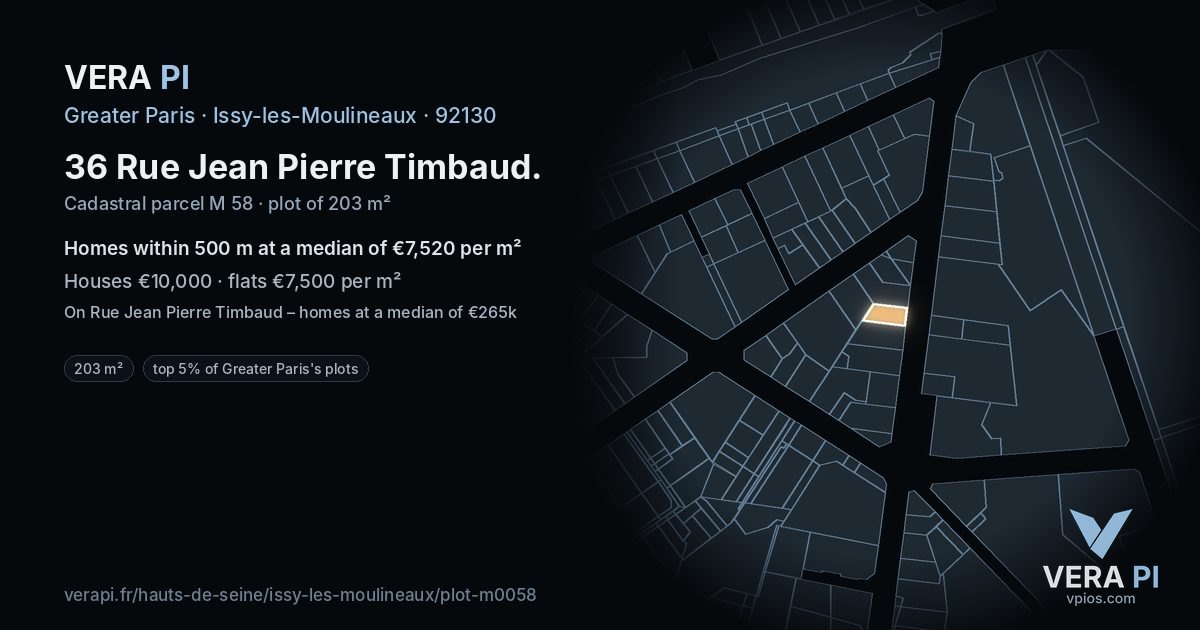 36 Rue Jean Pierre Timbaud, Issy-les-Moulineaux at night – the plot lit, the parcels around coloured by the prices near them