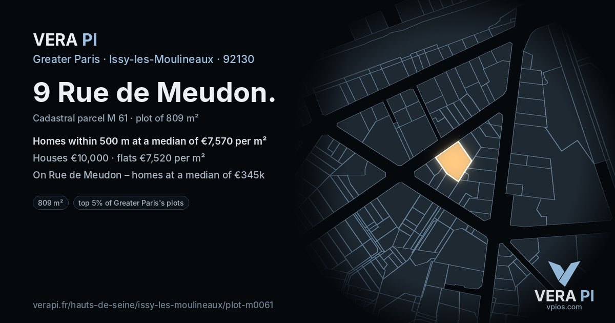 9 Rue de Meudon, Issy-les-Moulineaux at night – the plot lit, the parcels around coloured by the prices near them