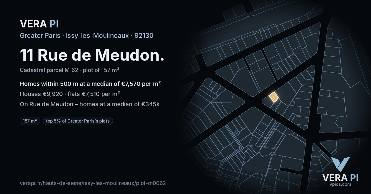 11 Rue de Meudon, Issy-les-Moulineaux at night – the plot lit, the parcels around coloured by the prices near them