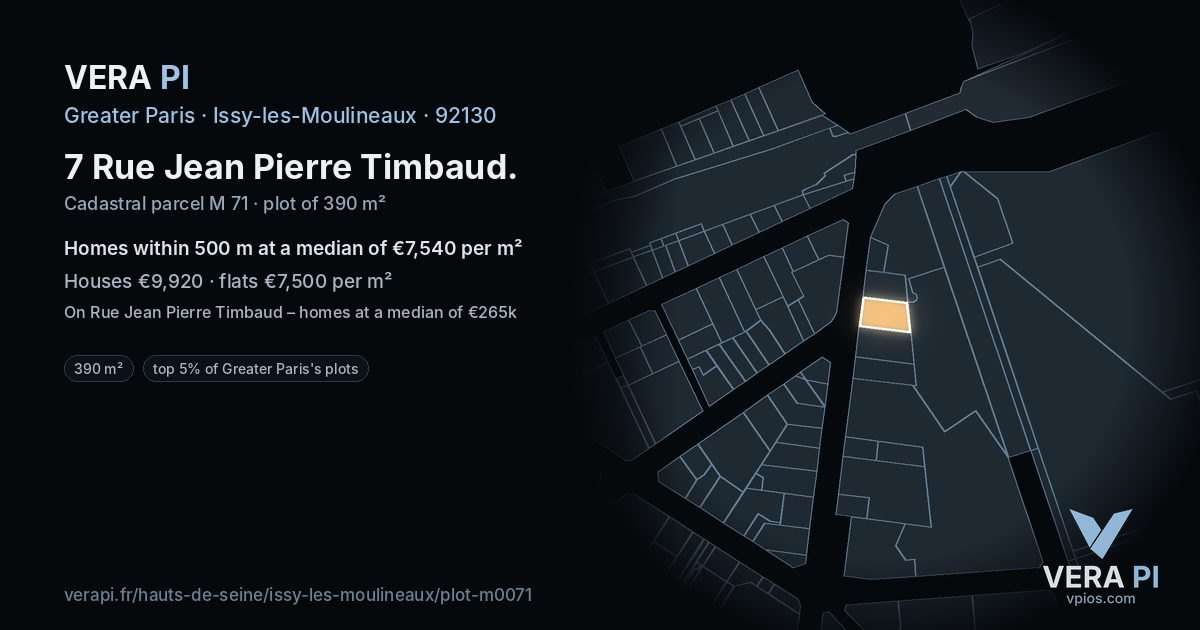 7 Rue Jean Pierre Timbaud, Issy-les-Moulineaux at night – the plot lit, the parcels around coloured by the prices near them