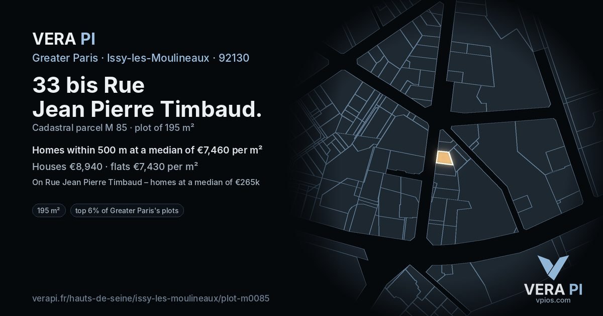 33 bis Rue Jean Pierre Timbaud, Issy-les-Moulineaux at night – the plot lit, the parcels around coloured by the prices near them