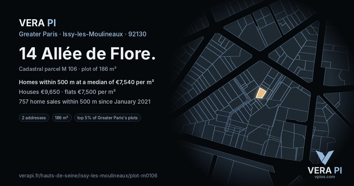 14 Allée de Flore, Issy-les-Moulineaux at night – the plot lit, the parcels around coloured by the prices near them