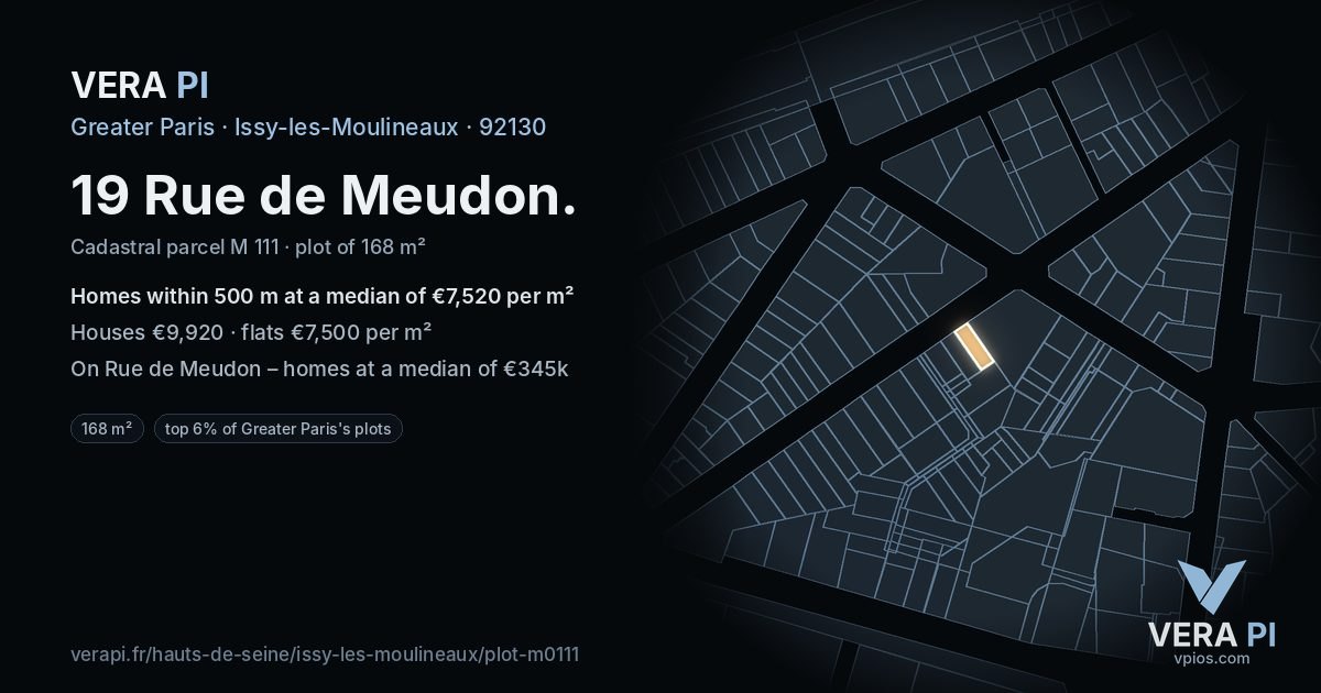 19 Rue de Meudon, Issy-les-Moulineaux at night – the plot lit, the parcels around coloured by the prices near them