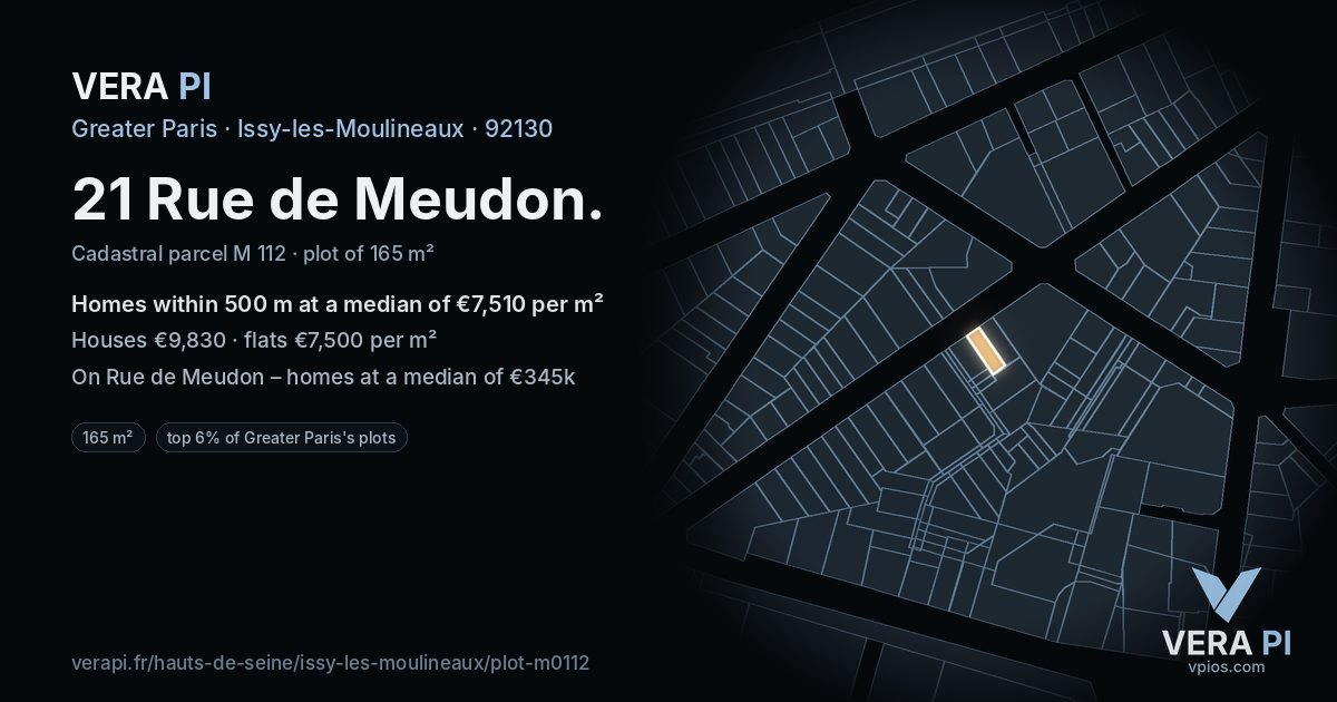 21 Rue de Meudon, Issy-les-Moulineaux at night – the plot lit, the parcels around coloured by the prices near them