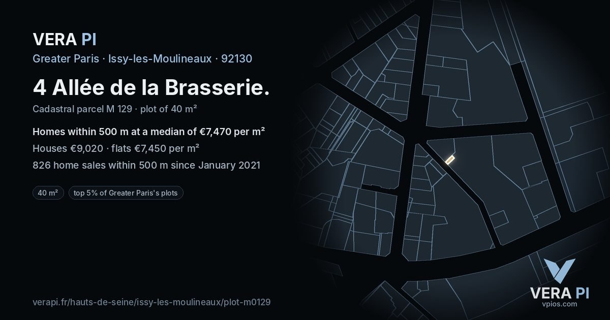 4 Allée de la Brasserie, Issy-les-Moulineaux at night – the plot lit, the parcels around coloured by the prices near them