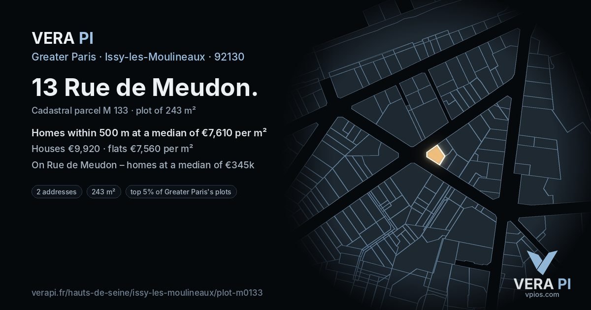 13 Rue de Meudon, Issy-les-Moulineaux at night – the plot lit, the parcels around coloured by the prices near them