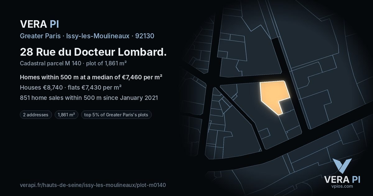 28 Rue du Docteur Lombard, Issy-les-Moulineaux at night – the plot lit, the parcels around coloured by the prices near them
