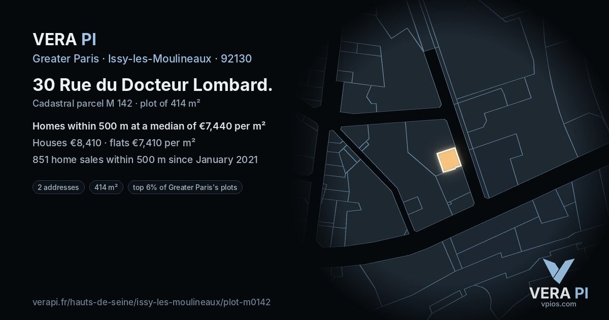 30 Rue du Docteur Lombard, Issy-les-Moulineaux at night – the plot lit, the parcels around coloured by the prices near them