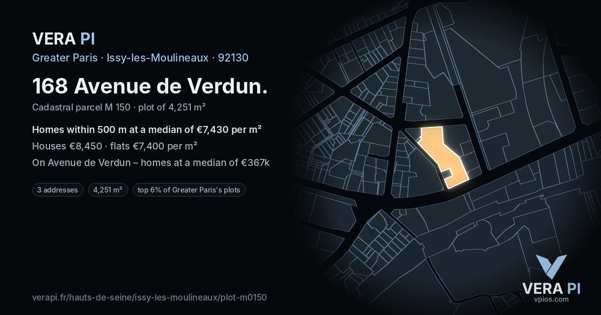 168 Avenue de Verdun, Issy-les-Moulineaux at night – the plot lit, the parcels around coloured by the prices near them