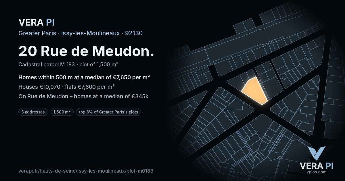 20 Rue de Meudon, Issy-les-Moulineaux at night – the plot lit, the parcels around coloured by the prices near them
