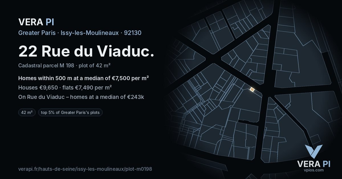 22 Rue du Viaduc, Issy-les-Moulineaux at night – the plot lit, the parcels around coloured by the prices near them