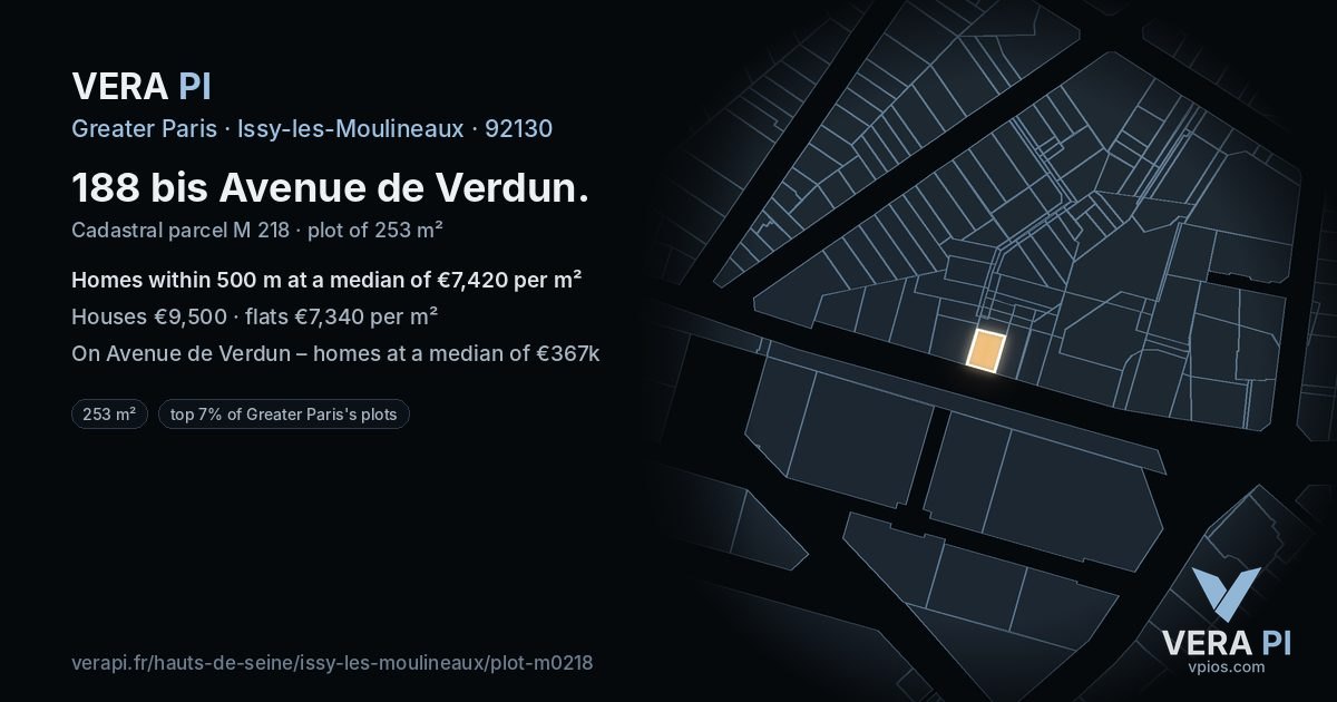 188 bis Avenue de Verdun, Issy-les-Moulineaux at night – the plot lit, the parcels around coloured by the prices near them