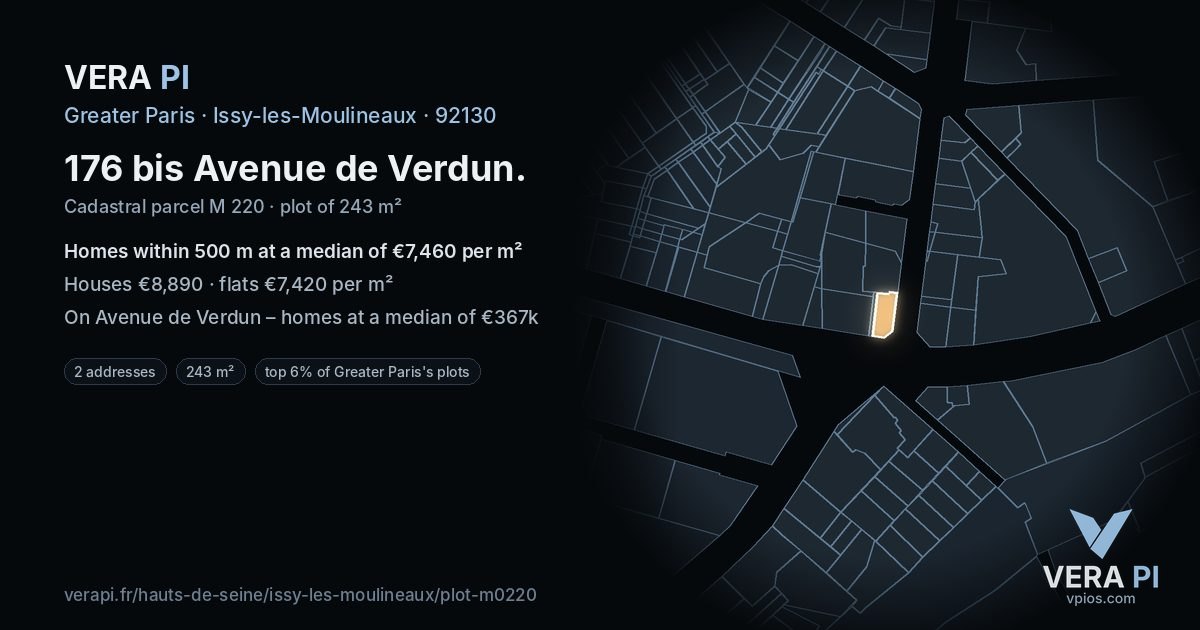 176 bis Avenue de Verdun, Issy-les-Moulineaux at night – the plot lit, the parcels around coloured by the prices near them