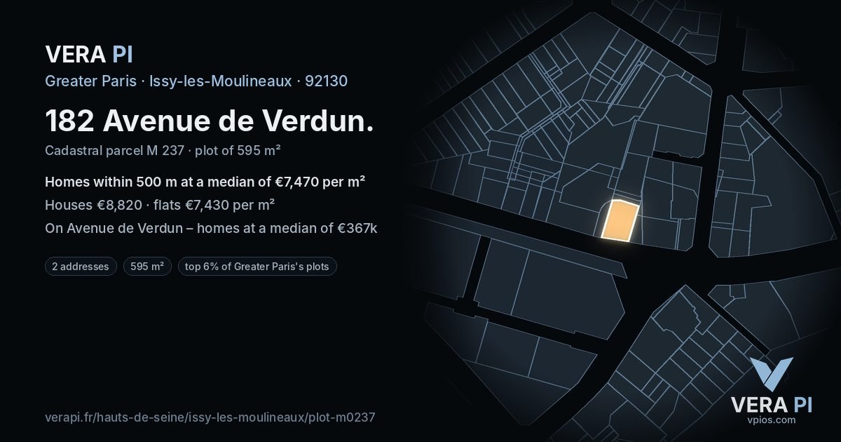 182 Avenue de Verdun, Issy-les-Moulineaux at night – the plot lit, the parcels around coloured by the prices near them