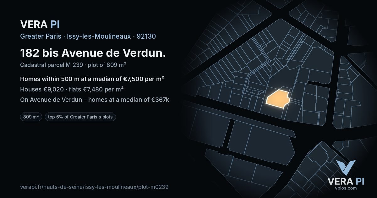 182 bis Avenue de Verdun, Issy-les-Moulineaux at night – the plot lit, the parcels around coloured by the prices near them