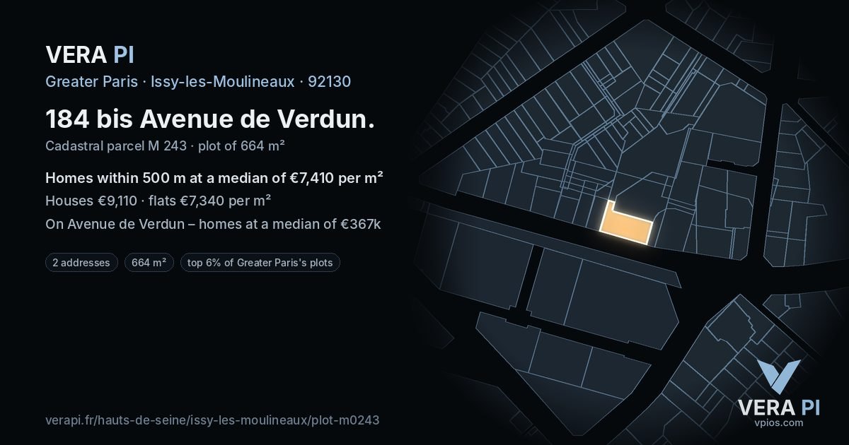 184 bis Avenue de Verdun, Issy-les-Moulineaux at night – the plot lit, the parcels around coloured by the prices near them