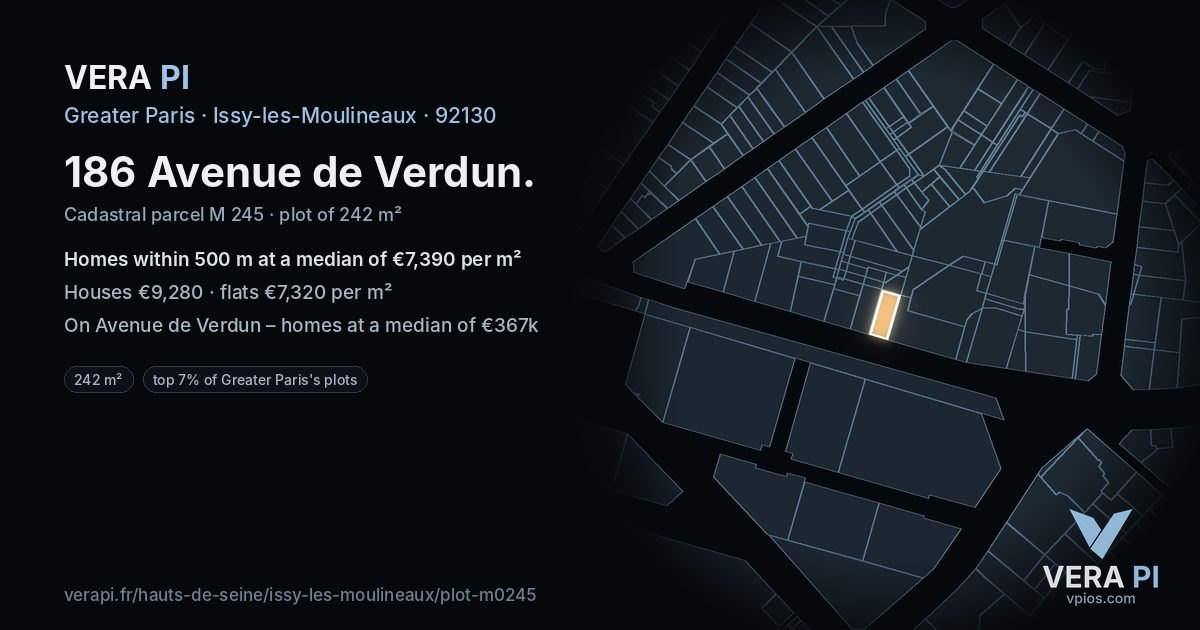186 Avenue de Verdun, Issy-les-Moulineaux at night – the plot lit, the parcels around coloured by the prices near them