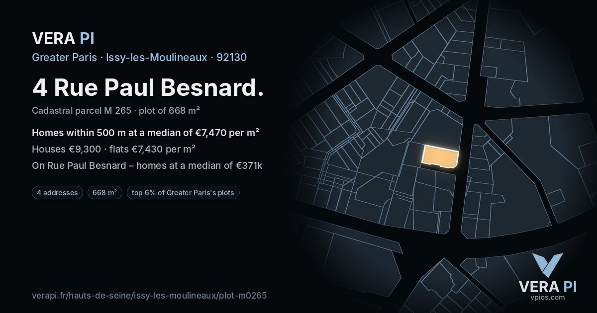 4 Rue Paul Besnard, Issy-les-Moulineaux at night – the plot lit, the parcels around coloured by the prices near them