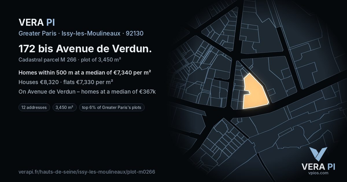 172 bis Avenue de Verdun, Issy-les-Moulineaux at night – the plot lit, the parcels around coloured by the prices near them