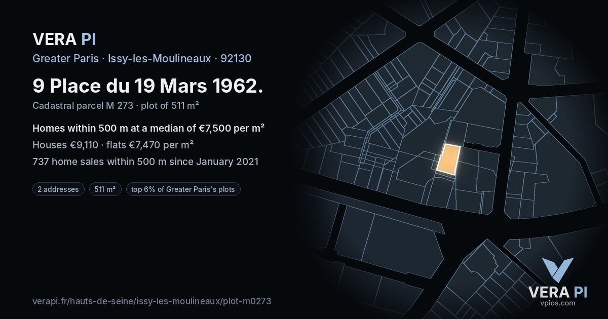 9 Place du 19 Mars 1962, Issy-les-Moulineaux at night – the plot lit, the parcels around coloured by the prices near them