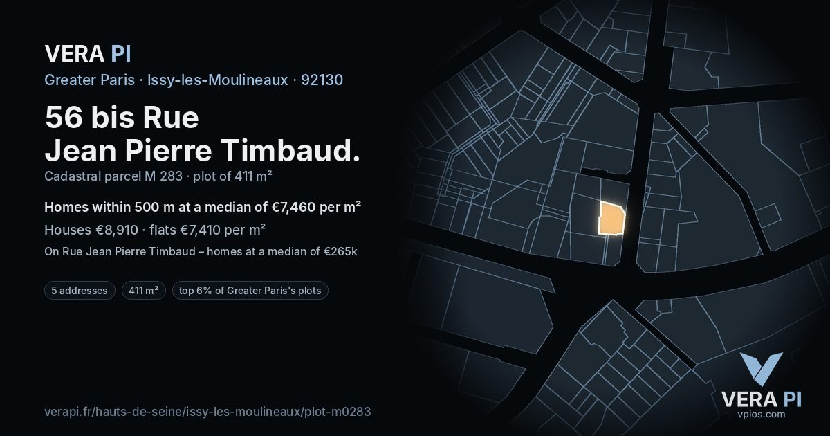 56 bis Rue Jean Pierre Timbaud, Issy-les-Moulineaux at night – the plot lit, the parcels around coloured by the prices near them
