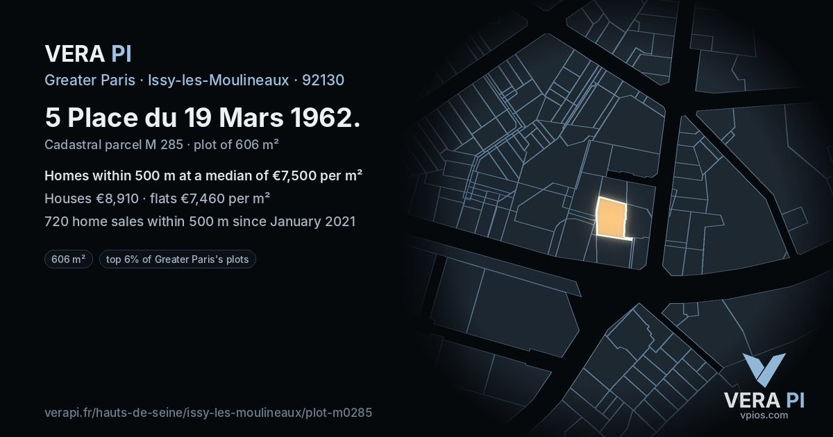 5 Place du 19 Mars 1962, Issy-les-Moulineaux at night – the plot lit, the parcels around coloured by the prices near them