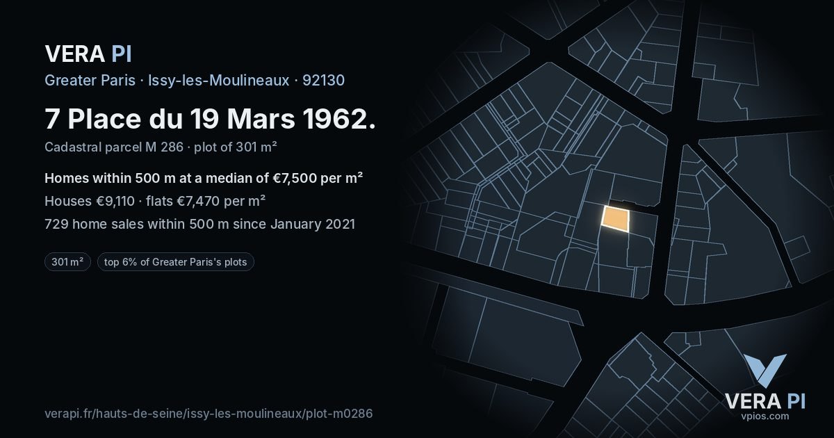 7 Place du 19 Mars 1962, Issy-les-Moulineaux at night – the plot lit, the parcels around coloured by the prices near them