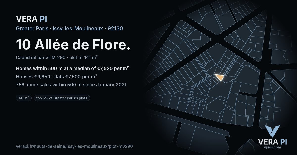 10 Allée de Flore, Issy-les-Moulineaux at night – the plot lit, the parcels around coloured by the prices near them
