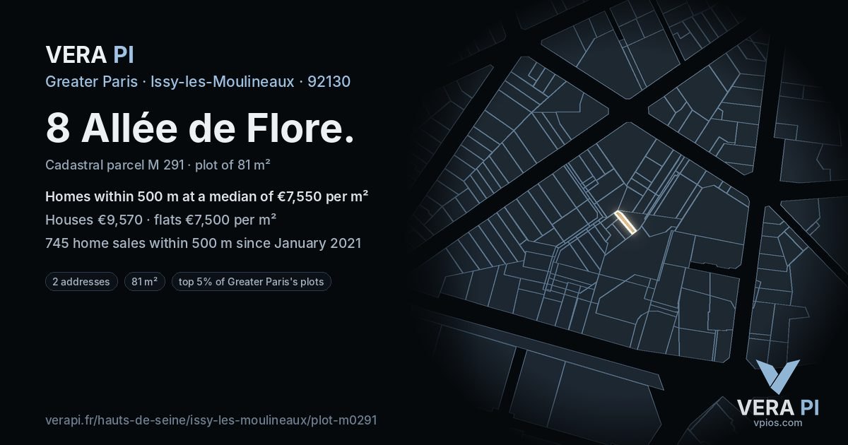 8 Allée de Flore, Issy-les-Moulineaux at night – the plot lit, the parcels around coloured by the prices near them