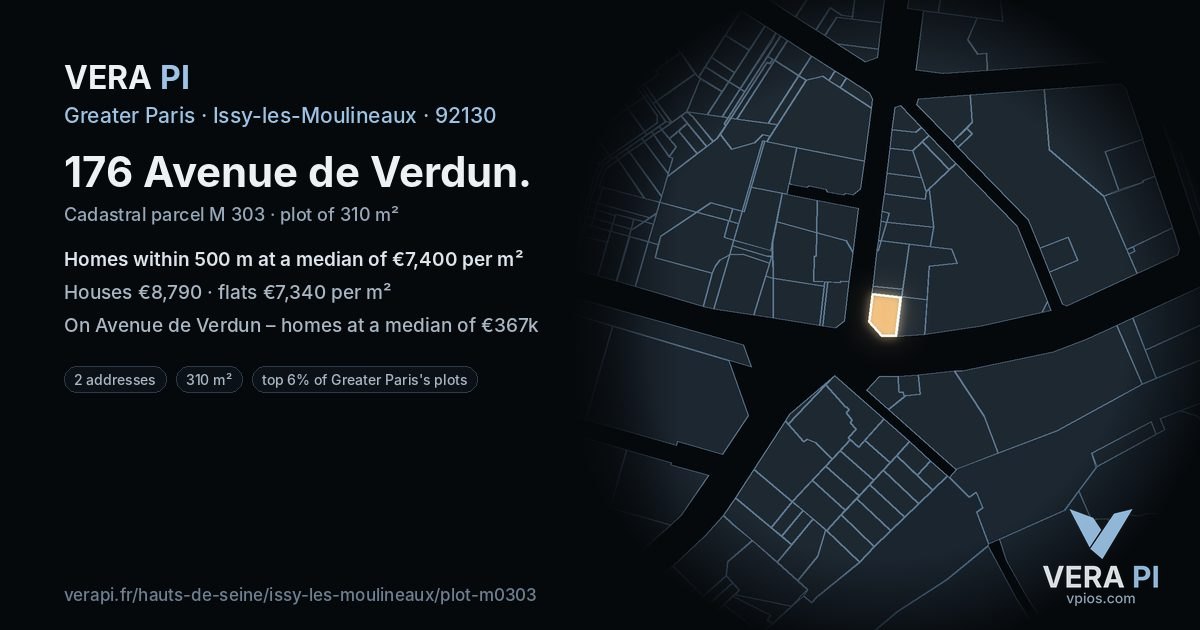 176 Avenue de Verdun, Issy-les-Moulineaux at night – the plot lit, the parcels around coloured by the prices near them