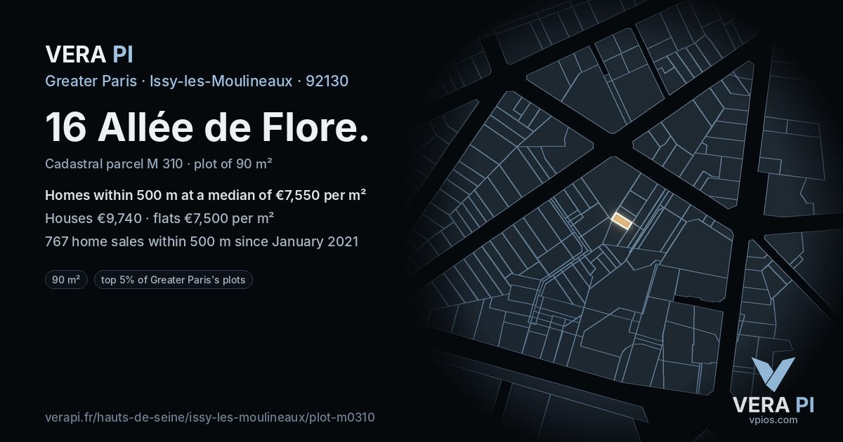16 Allée de Flore, Issy-les-Moulineaux at night – the plot lit, the parcels around coloured by the prices near them