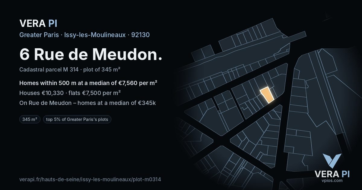 6 Rue de Meudon, Issy-les-Moulineaux at night – the plot lit, the parcels around coloured by the prices near them