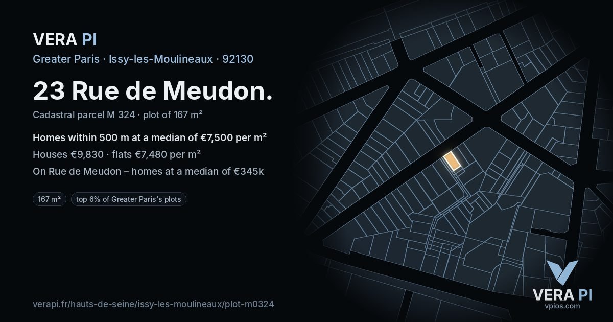 23 Rue de Meudon, Issy-les-Moulineaux at night – the plot lit, the parcels around coloured by the prices near them
