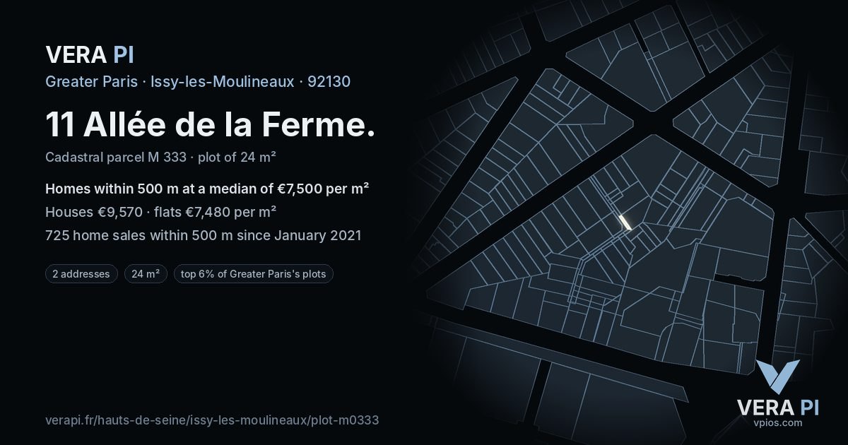 11 Allée de la Ferme, Issy-les-Moulineaux at night – the plot lit, the parcels around coloured by the prices near them