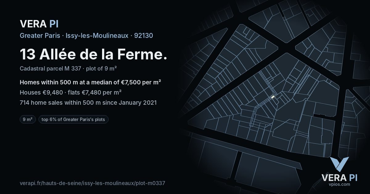13 Allée de la Ferme, Issy-les-Moulineaux at night – the plot lit, the parcels around coloured by the prices near them