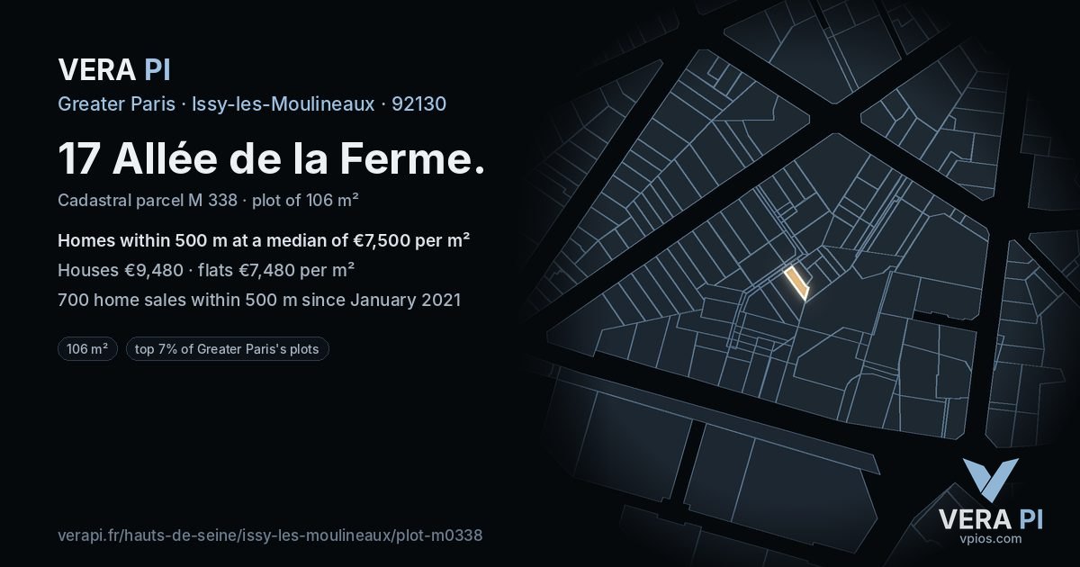 17 Allée de la Ferme, Issy-les-Moulineaux at night – the plot lit, the parcels around coloured by the prices near them