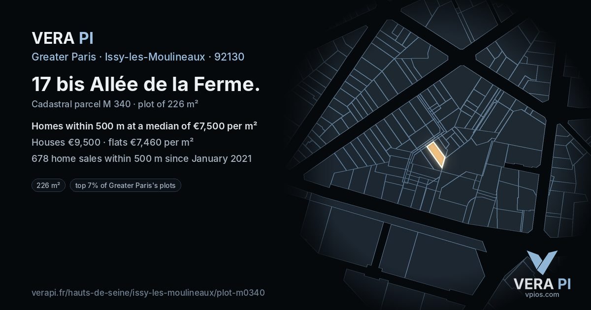 17 bis Allée de la Ferme, Issy-les-Moulineaux at night – the plot lit, the parcels around coloured by the prices near them
