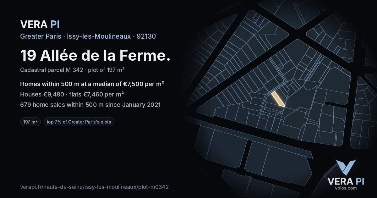 19 Allée de la Ferme, Issy-les-Moulineaux at night – the plot lit, the parcels around coloured by the prices near them