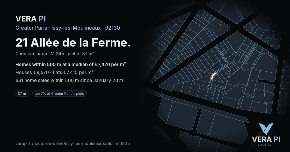 21 Allée de la Ferme, Issy-les-Moulineaux at night – the plot lit, the parcels around coloured by the prices near them