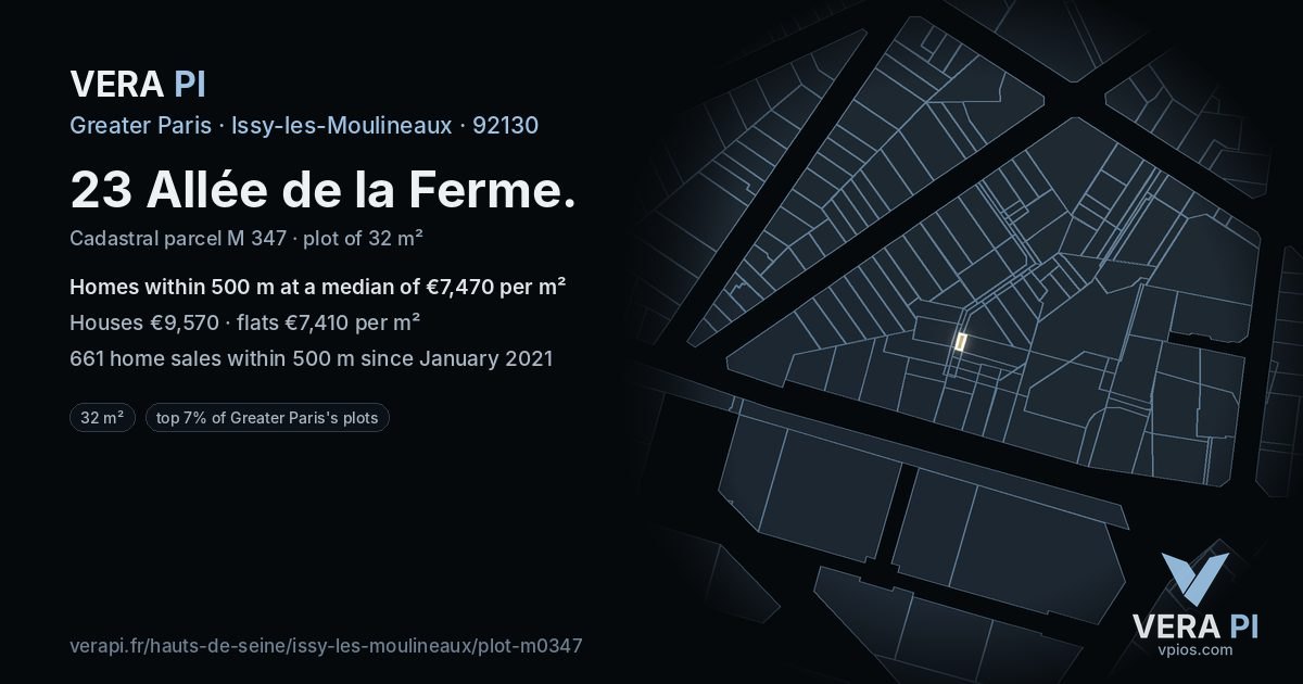 23 Allée de la Ferme, Issy-les-Moulineaux at night – the plot lit, the parcels around coloured by the prices near them