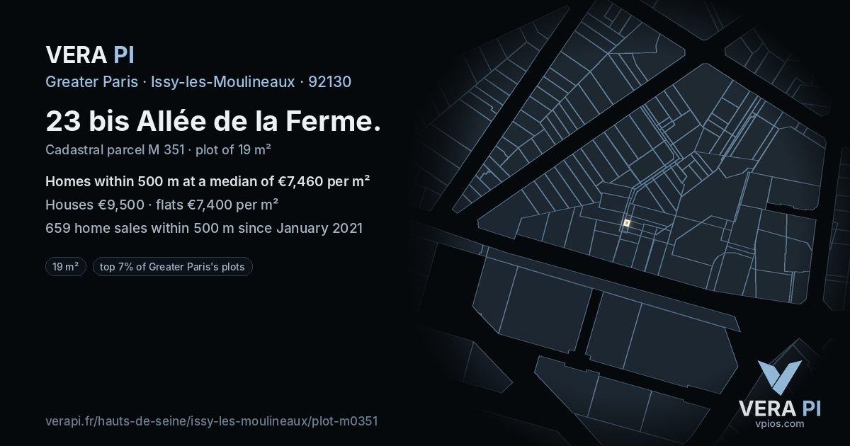 23 bis Allée de la Ferme, Issy-les-Moulineaux at night – the plot lit, the parcels around coloured by the prices near them