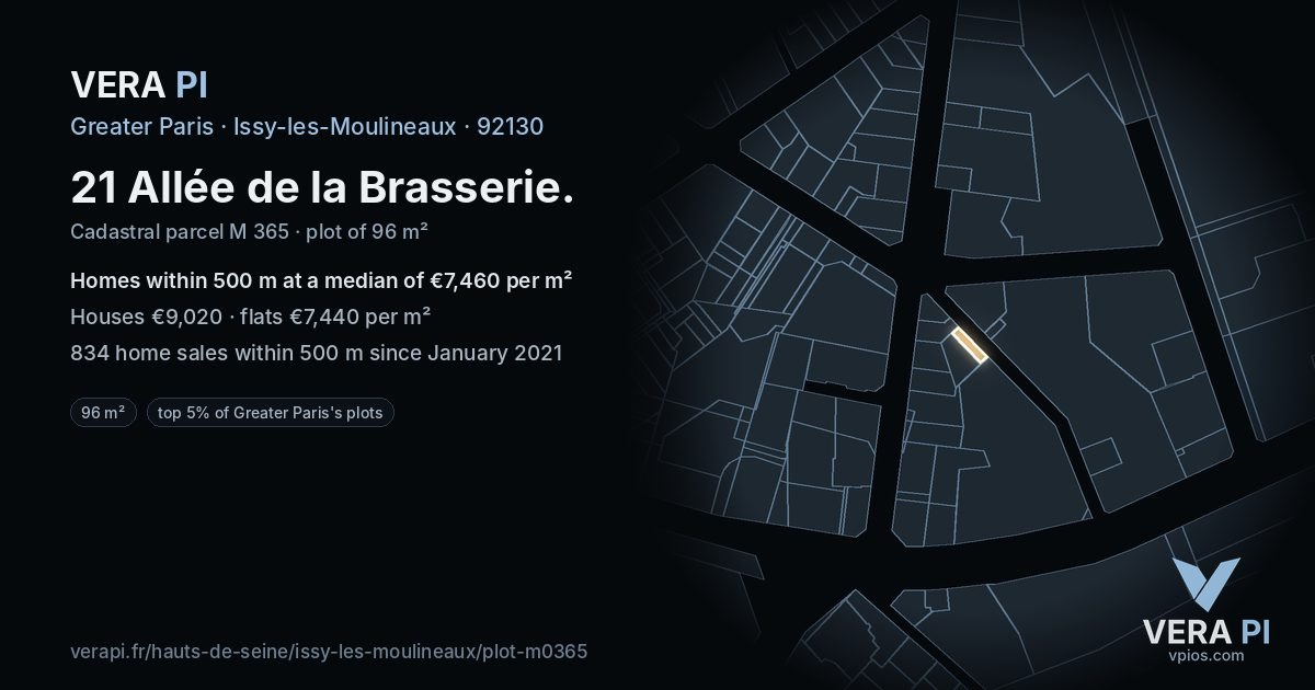 21 Allée de la Brasserie, Issy-les-Moulineaux at night – the plot lit, the parcels around coloured by the prices near them