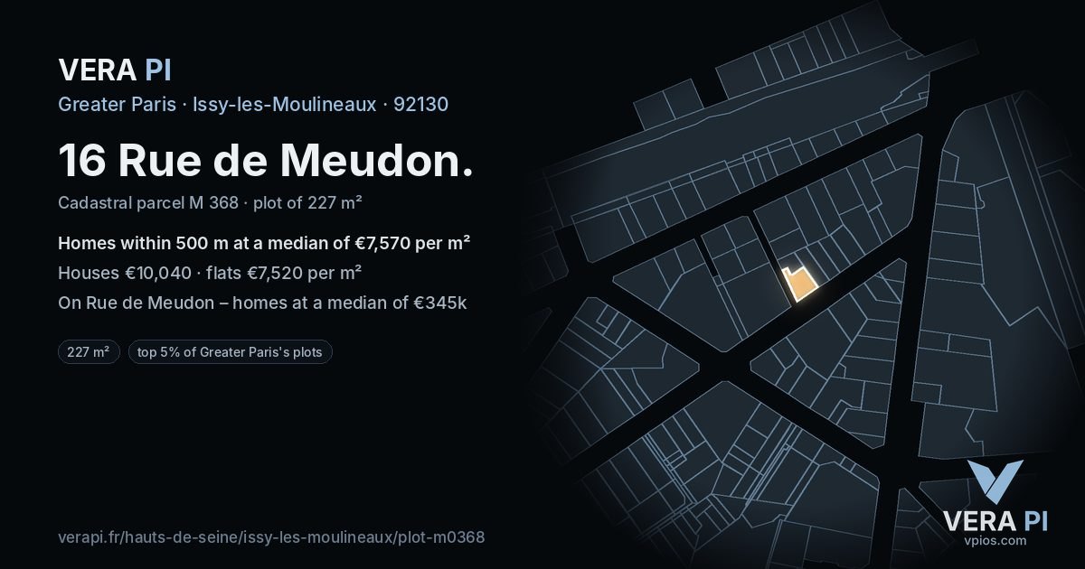 16 Rue de Meudon, Issy-les-Moulineaux at night – the plot lit, the parcels around coloured by the prices near them