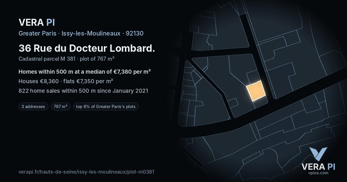 36 Rue du Docteur Lombard, Issy-les-Moulineaux at night – the plot lit, the parcels around coloured by the prices near them